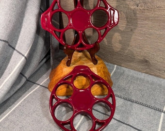 Vintage Heavy Round Red Cast Iron Enamel Coated Non Slip Base Trivet with Large 6 Circular Holes | Farmhouse Hot Plates & Pot Stand Holders