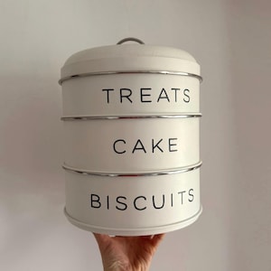 May include: A three-tiered, off-white metal container with a lid and handle. The container is labeled "TREATS," "CAKE," and "BISCUITS" in black text. Silver bands encircle each tier. The container is held by a person.