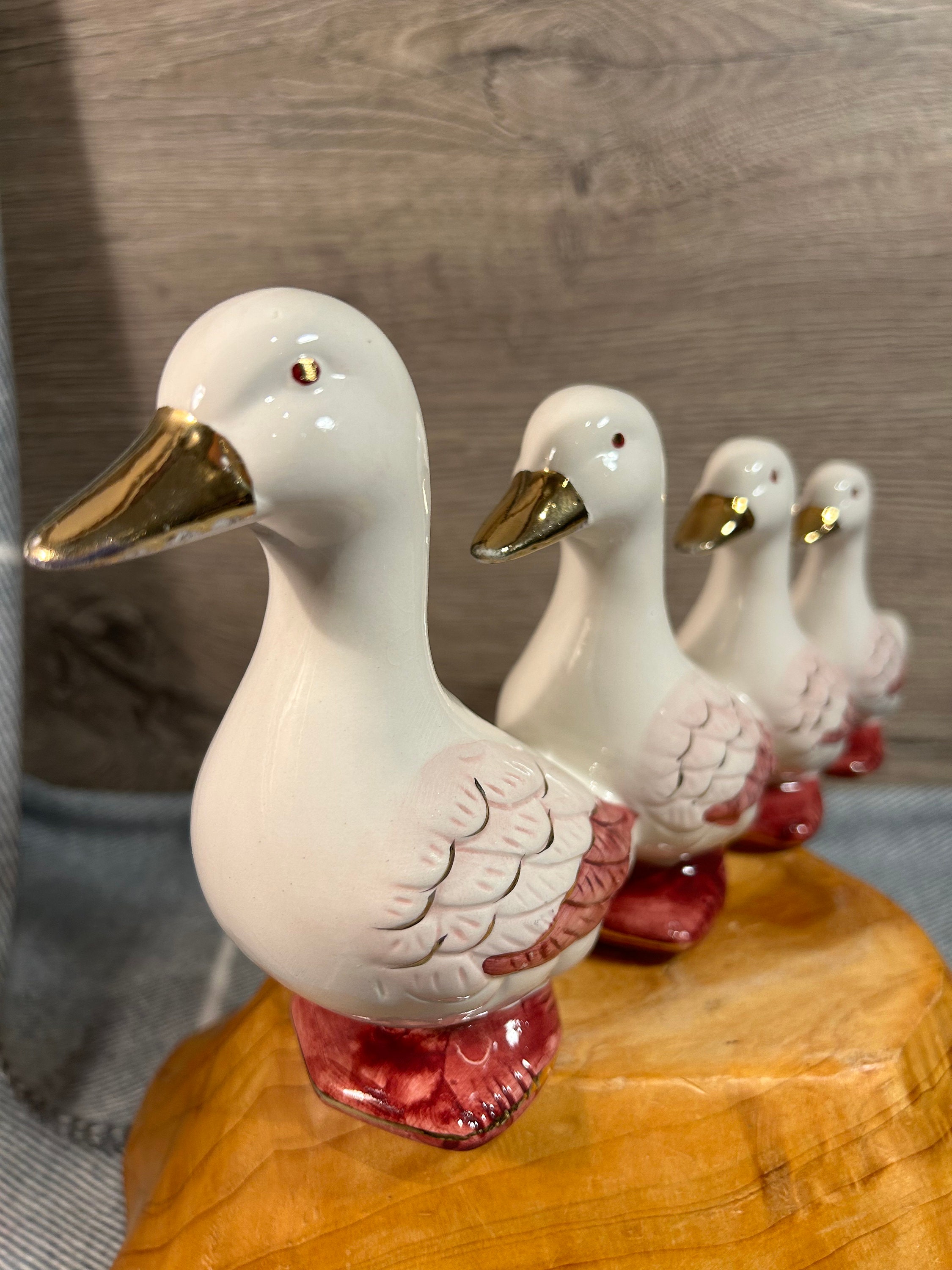 ヴィンテージ ハンドペイント 釉薬 磁器 金箔 モーブピンク 4羽の