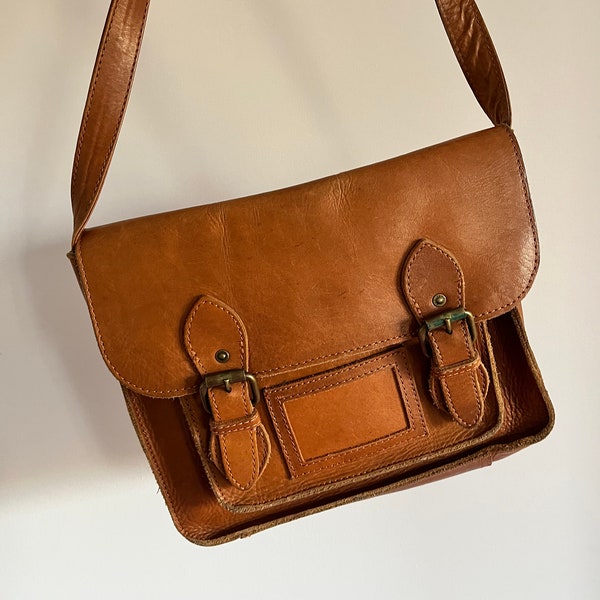 Vintage Tan Leather Fat Face Medium Size Satchel Crossbody Messenger Bag