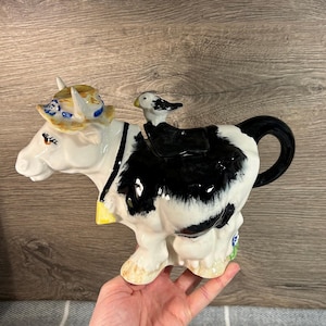 Vintage Price & Kensington Collectible Black and White Farmyard Cow Teapot | Whimsical Novelty Farm Animal with a Bell, Hat and Bird Friend