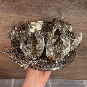Vintage Removable Clear Glass & Silver Holder Serving Tray Set | Art Nouveau Foliate Barware Made in England | Retro Bar Cart Drinks Trolley