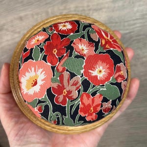 Vintage Hand Crafted Black and Pink Floral Tan Vanished Wood Pedestal Pincushion