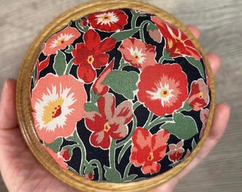 Vintage Hand Crafted Black and Pink Floral Tan Vanished Wood Pedestal Pincushion