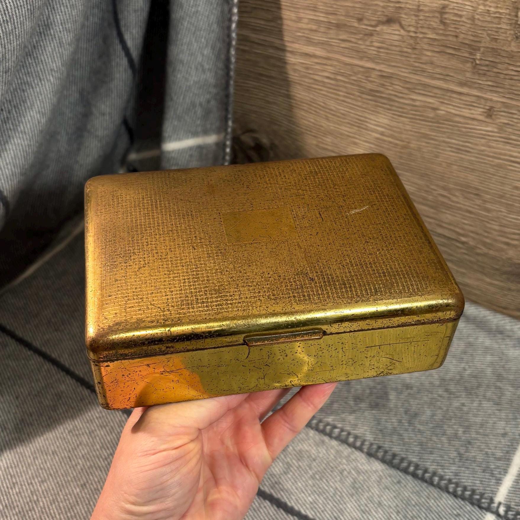 antique brass cigarette box Monogrammed Case Perfect gift for smokers Vintage Brass & Wood Lined