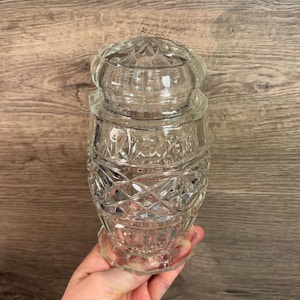 Vintage Clear Glass Patterned Lidded Tall Round Jar | Versatile Multi Purpose Retro Pot | Bathroom, Kitchen & Boudoir Classic Storage Decor