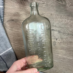 Vintage Antique Minimalist &#39;Dinneford&#39;s Made in England Magnesia&#39; Chemist Apothecary Embossed Clear Glass Remedy Bottle