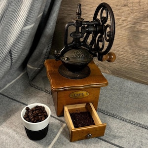 Vintage Wooden & Black Cast Iron Single Mill Wheel and Drawer Manual Hand Crank Coffee Bean Grinder | Cafe Old Milling Kitchenalia Mechanism