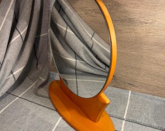 Vintage Mid Century Large Round Table Top Freestanding Natural Tan Wood Hydraulic Mirror | 1970s Retro Boudoir Dresser Decor | MCM Furniture