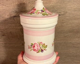 Vintage Portmeirion Pottery Stoke on Trent Made in England 1008 Lidded Heavy Round Pink Rose Apothecary Jar| Old Collectible English Storage