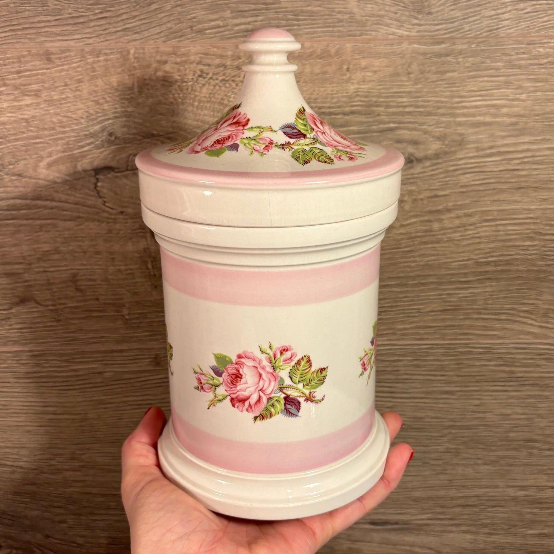 Vintage Portmeirion Pottery Stoke on Trent Made in England 1008 Lidded Heavy Round Pink Rose Apothecary Jar Old Collectible English Storage