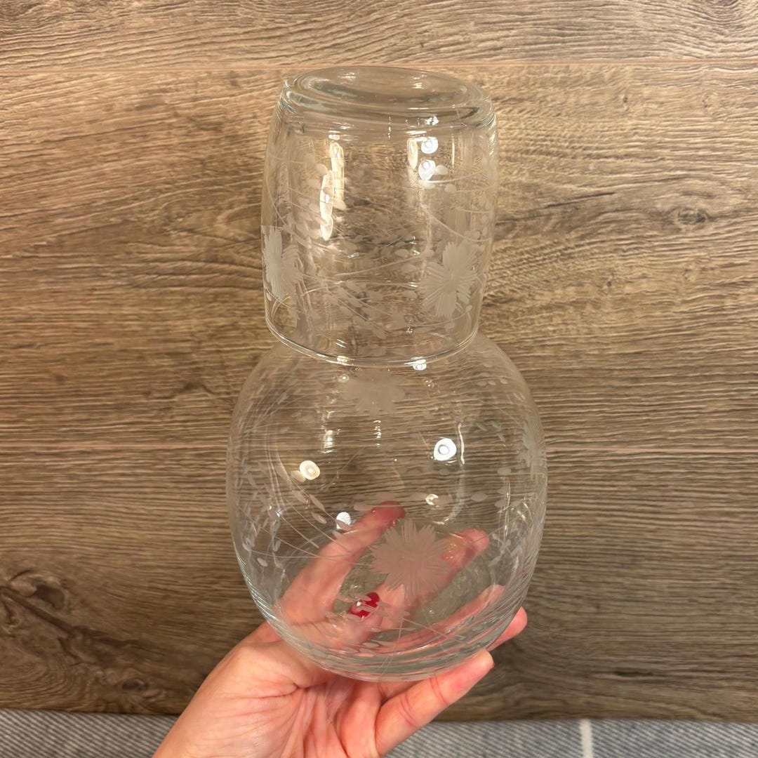Vintage Clear Etched Glass Tumble up | Engraved Floral Overnight ...