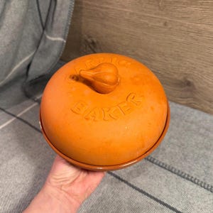 May include: A round, orange terracotta garlic baker with a dome-shaped lid. The lid features a sculpted garlic bulb handle at the top and the embossed text "GARLIC BAKER" encircling the center. The base is a matching orange ceramic bowl.