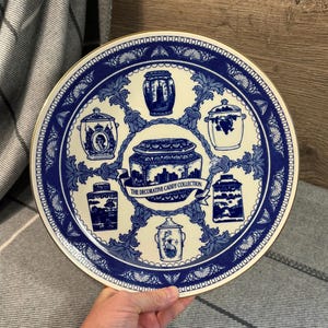May include: Decorative plate with a blue and white design featuring various caddy illustrations. The plate has a gold rim and the text "THE DECORATIVE CADDY COLLECTION" on a banner. The plate is held by a hand.