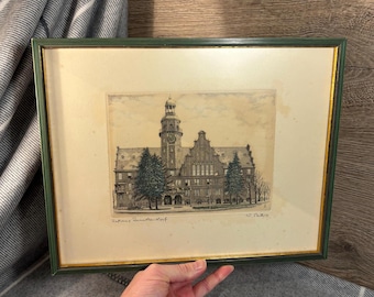 Vintage 1972 Berlijn Rathaus Reinickendorf gekleurde ets van W. Peters ingelijste print | Duitse muurdecoratie uit de jaren 70 | Kunst uit Duitsland