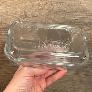 Vintage Arcoroc French Clear Glass Rectangular Embossed Cow with a Bell Butter Dish | Daily Kitchenalia from France | Provincial Tableware