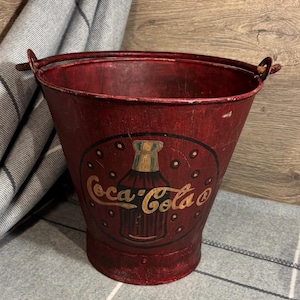 Vintage Coca Cola Hand Painted Rustic Red Riveted Metal Bucket- 1.3kg | Retro Coke Soda Collectibles | American Iconic Nostalgic Memorabilia