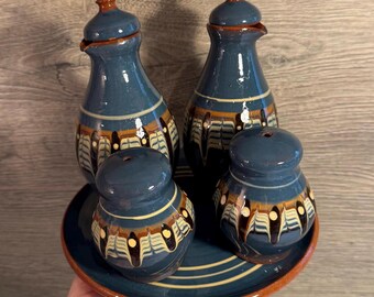 Vintage- Chipped Up- Bulgarian Troyan Folk Pottery Cruet Set of 5 on a Plate | Mid Century European Dripware Kitchenalia | Rustic Tableware