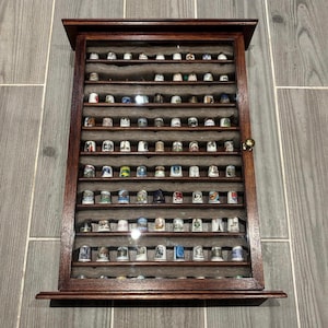Vintage 90 Thimble Brown Wood Display Box | Large Wooden Thimbles Collection in Cabinet | Dressmakers, Tailor and Embroiderer Collectibles