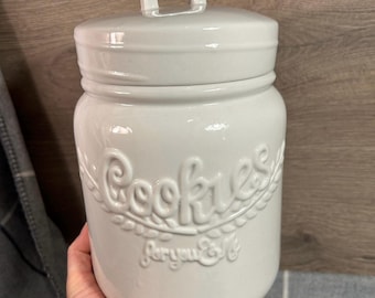 Preloved Minimalist White Embossed 'Cookies For You and Me' Lidded Tall Round Cookie Jar | Neutral Biscuit Barrel | Kitchen Countertop Decor