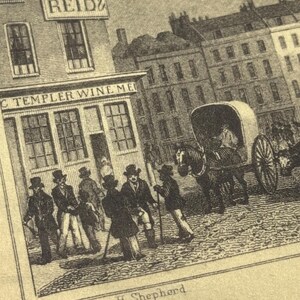 May include: An antique black and white etching of a street scene with buildings, people, and a horse-drawn carriage. The etching includes the text "REID" and "C TEMPLER WINE MEI". The artist's name, "Tho. H Shepherd", is also visible.