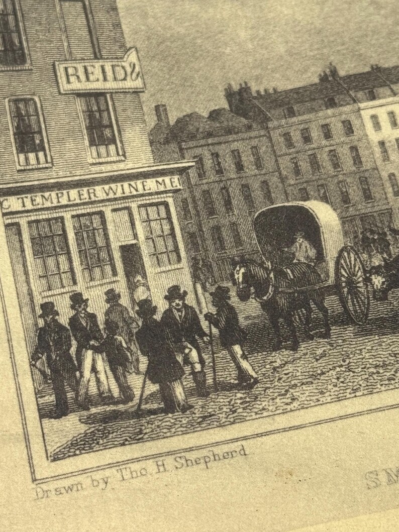 May include: An antique black and white etching of a street scene with buildings, people, and a horse-drawn carriage. The etching includes the text "REID" and "C TEMPLER WINE MEI". The artist's name, "Tho. H Shepherd", is also visible.