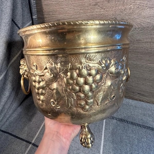 Può includere: Un vaso in metallo color ottone con un design dettagliato di vite. Il vaso ha manici a testa di leone con anelli e un piede decorativo. Il bordo ha una trama a corda.