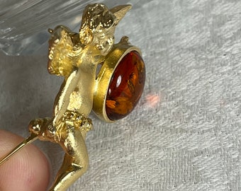 Vintage Signed LS Lewis Stern Matte Finish Gold Tone Cherub Angel