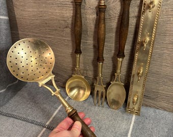 ヴィンテージ真鍮＆木製ハンドル壁掛けレールバー用品4点セット