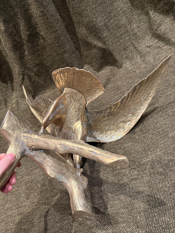 Vintage 4.7kg Solid Brass Large Heavy Bird of Prey Perched on Log