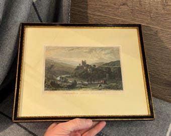 Vintage c1830 Oakhampton Castle Devonshire T Allom Drawing & W Taylor Engraved Colour Print Wall Hanging | Architectural Landscapes Antiques