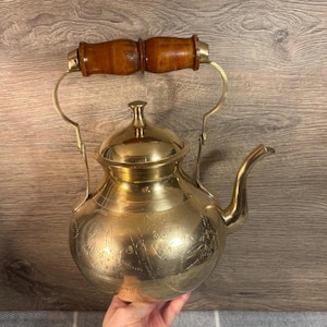 Vintage Brass Large Engraved Kettle Teapot with Chunky Wooden Swing Handle Made in India | Big Round Gold Metal Traditional Cuppa Tea Makers