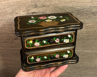 Vintage Small 2 Drawer Jewellery Box | Mini Chest of Drawers | Floral Home Decor & Accessories | Feminine Boudoir Dressing Table Storage