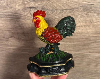 Vintage Small Colourful Cast Iron Solid Heavy Rooster Door Stop | Painted Metal Farmyard Cockerels Decor | Old Country Farmhouse Collectible