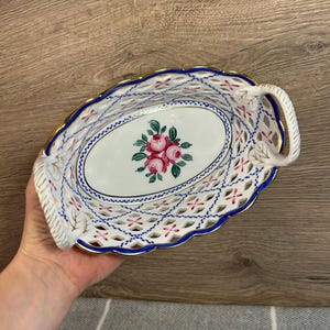 Vintage Hand Painted Ceramic Gilded Oval Floral Chinese Pierced Basket | Cut Out Weave Decorative Centrepiece Bowl | Reticulated Candy Dish