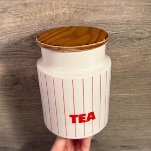Vintage Tea Cuppa Hornsea Pottery Red Stripe Round Jar with Wooden Lid | Mid Century Staple Kitchenalia | Retro Pantry Storage Jars and Pots