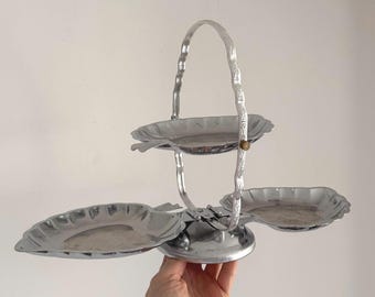 Vintage Chrome Plate 3 Tier Candy Cake Stand Made in Hong Kong | Retro Space Saver Folding Platters | Leaf Shaped Kitsch Dining and Serving