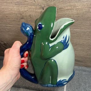 Vintage Hand Painted WCL Made in China Ceramic Green & Blue Frog with Lotus Flower Bud Handle | Amphibian and Aquatic Animal Art Home Decor