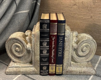 Preloved White Column Two Bookends Set | Shabby Chic Acanthus Leaf Scroll | Classic Corinthian Frieze Decor | Classical Ancient Architecture