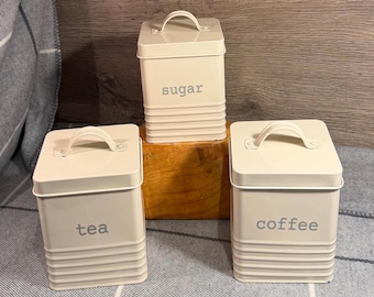 Preloved Sugar, Tea and Coffee Lidded Off White Cream Colour Enamelled Kitchen Countertop Canisters- Set of 3 | Daily Cuppa Brew Kitchenalia