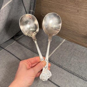 May include: Two silver serving spoons with ornate handles. The spoons have large, oval bowls and decorative detailing on the handles. The spoons are held against a grey and white plaid background.