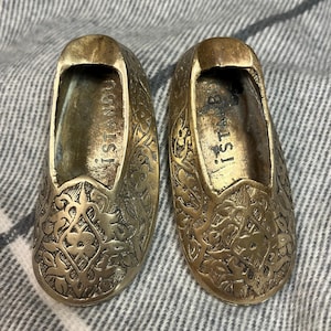 Vintage Hand Made Small Solid Brass Turkish Sabah Shoe Slipper Shaped Ashtray or Paper Weight with Floral Engravings from Istanbul- Set of 2