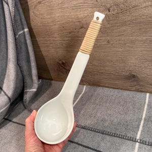Vintage Rattan Wrapped Handle White Minimalistic Ladle with Hanging Hole | Old Kitchenalia Essentials | Soup, Stew & Sauce Serving Utensils