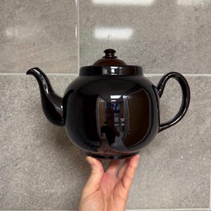May include: A glossy, dark brown ceramic teapot with a matching lid and handle. The teapot has a rounded body, a curved spout, and a large handle. The teapot is held by a hand.