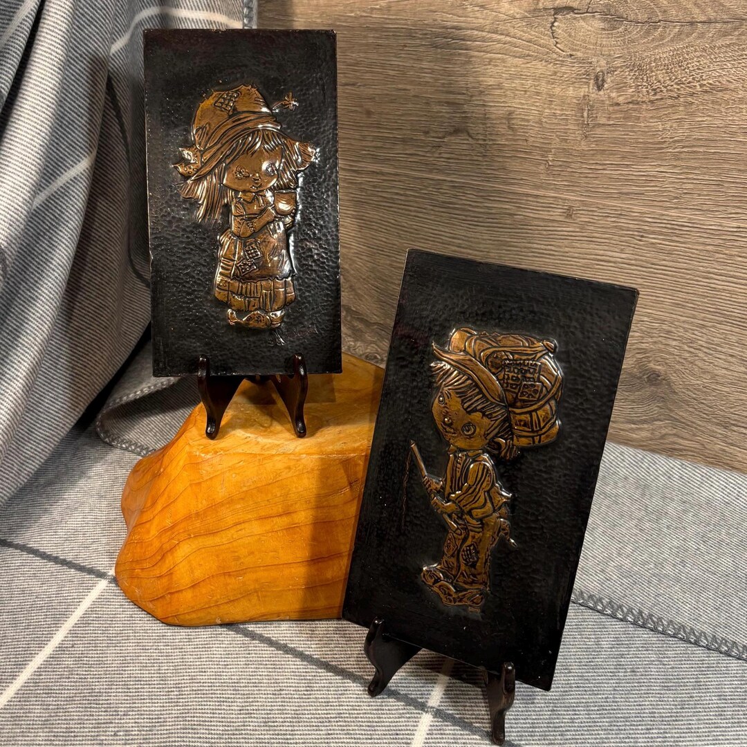 Embossed Repousse Vintage Repousse 3D Pressed Tin Embossed Relief Boy & Girl Art Wall ...