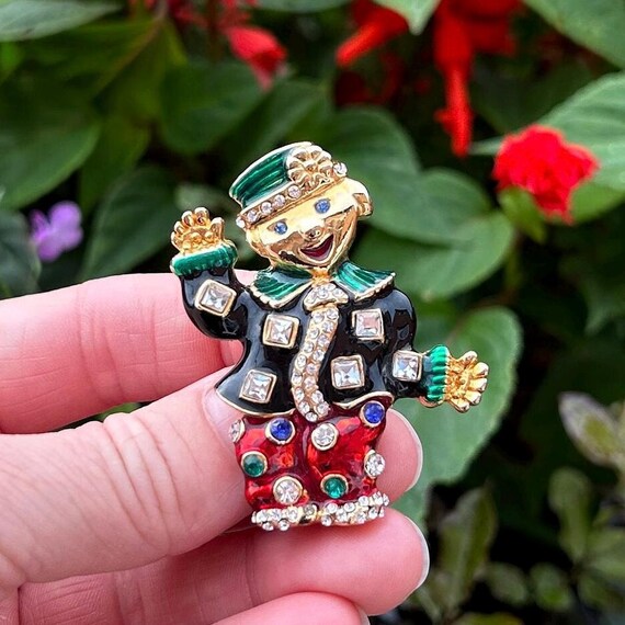Broche Clown Dorée émaillée Avec Strass - Signée A&S, Bon état D'occasion - Pièce Unique Et Vintage
