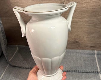 Vintage Mid Century Minimalist White Porcelain Grecian Inspired Double Handle Mantelpiece Urn | Table Centrepiece Vase | Classical Art Decor