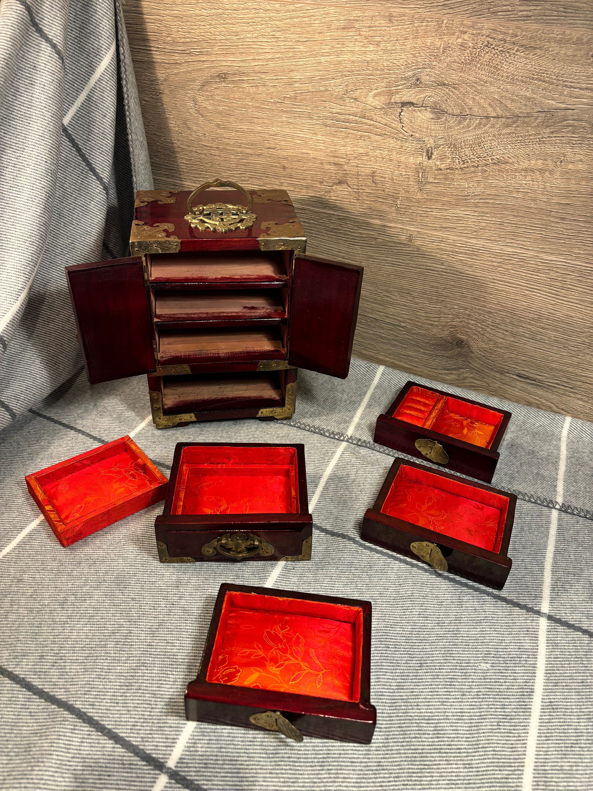 Vintage Chinese Rosewood, Brass & Carved Jade Jewellery Mini