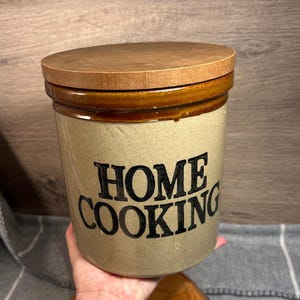 Vintage Mid Century Handcrafted Moira Farmhouse Stoneware Made in England 'Home Cooking' Lidded Heavy Pot Jar | Kitchen Countertop Storage