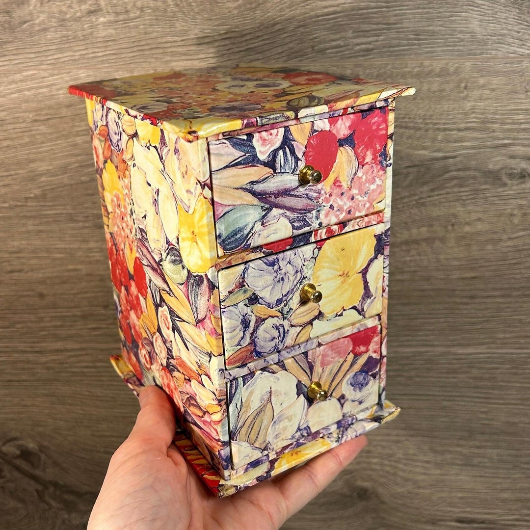 【PAPIER-MACHE STORAGE CONTAINER】 Vintage Small Decoupage Papier Mache Cardboard 3-drawer